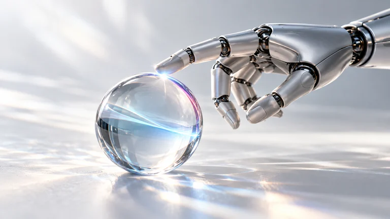 Physical AI concept: a robotic hand interacting with an optical glass sphere