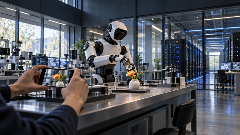Application concept: a phone photographing flowers, a robot handling objects, and computing facilities share a research space