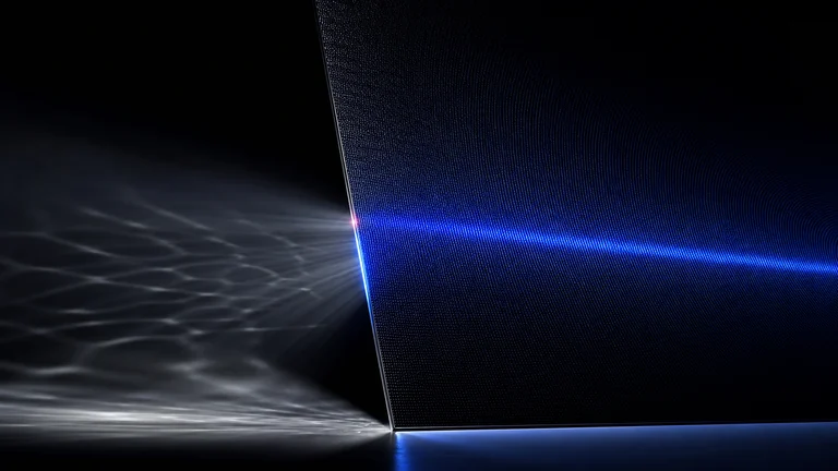 An abstract computational optics interface shaping light into an ordered blue optical field