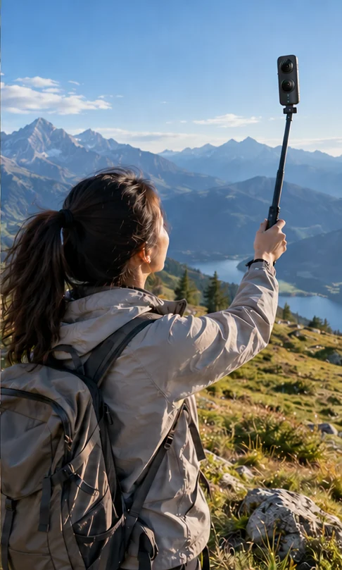A hiker records a mountain ridge with a panoramic camera
