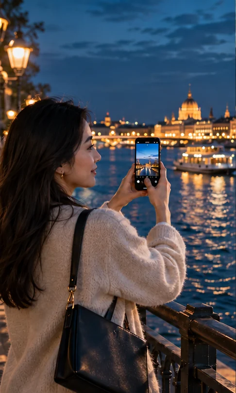 A smartphone captures a city waterfront at dusk