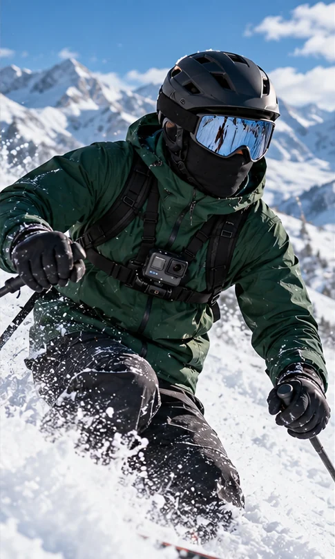 A skier wearing a helmet, goggles, and face covering uses a chest-mounted action camera