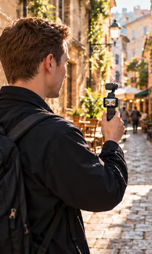 A travel creator uses a handheld gimbal camera on a city street
