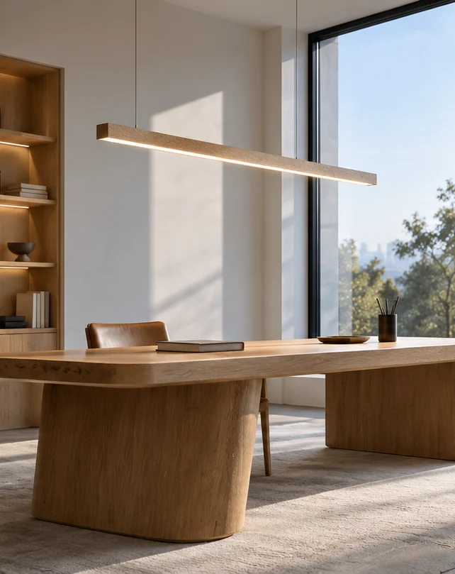 An indoor reading space combines natural daylight by a window with linear luminaires
