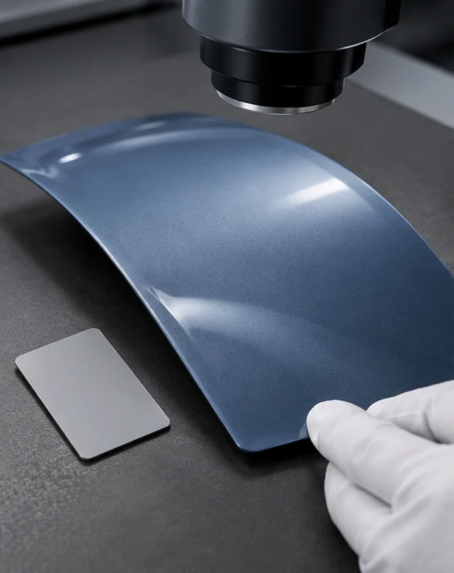 A coating sample under an optical inspection head illustrates industrial color inspection