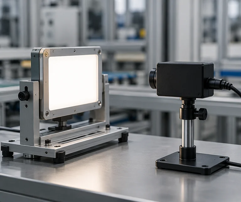 A light source and inspection head face each other on an industrial workbench to illustrate light source quality inspection