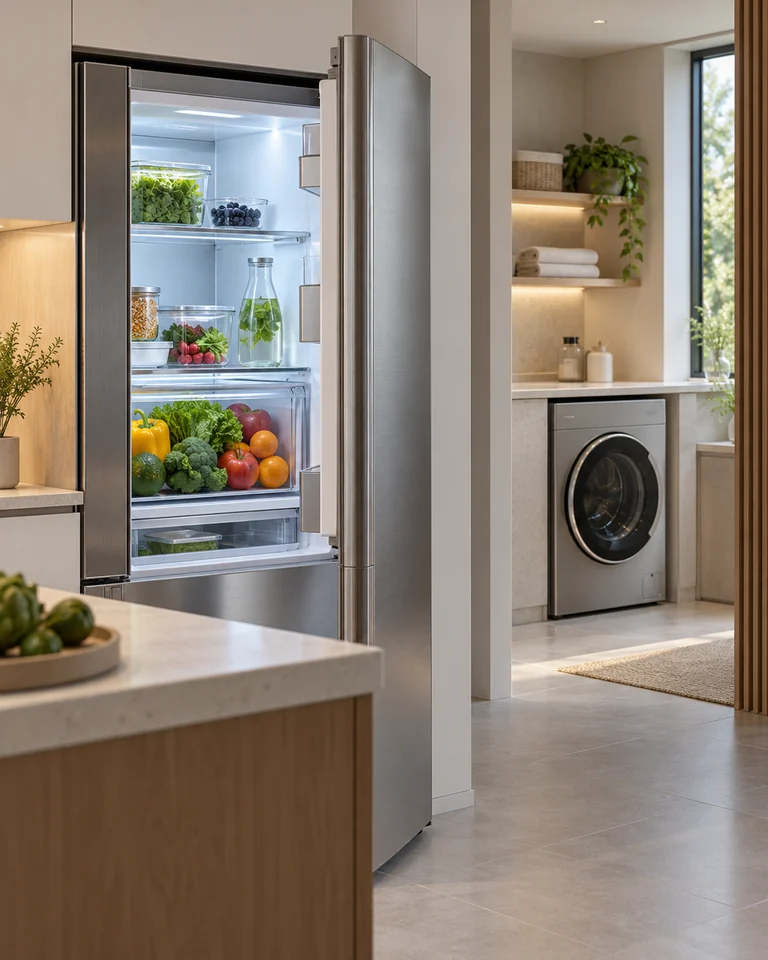 A refrigerator fresh-food compartment and a nearby washing machine illustrate smart home applications