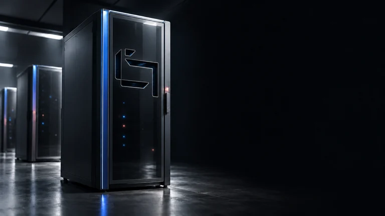 Computing application concept: dark glass cabinets incorporate the Seetrum symbol, with subtle blue and red light behind the glass