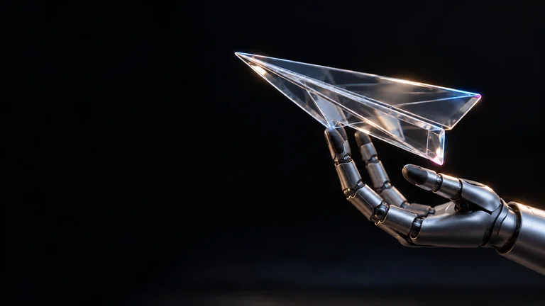 Embodied AI concept: a robotic hand supports a transparent glass paper airplane, with warm white edges and blue and magenta refractions