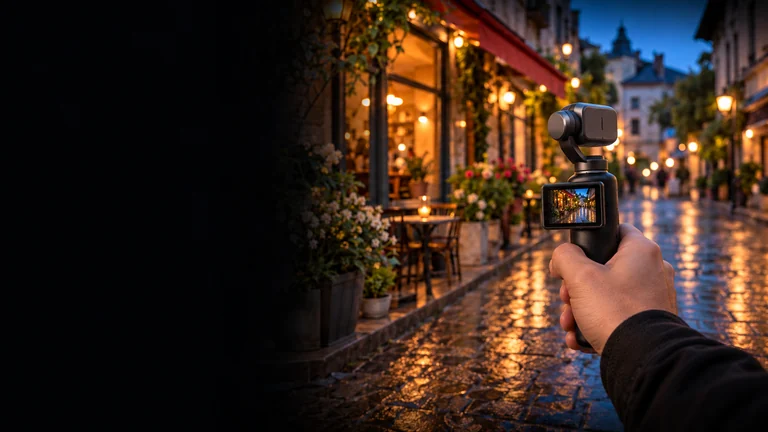 Application concept: a handheld gimbal camera points toward a street at dusk, with the same scene visible on its screen