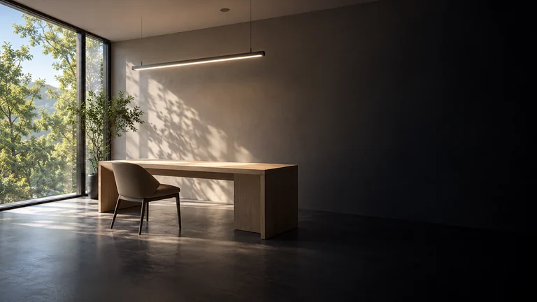 Smart lighting concept: natural daylight and linear luminaires illuminate a simple interior with an ambient light sensor overhead