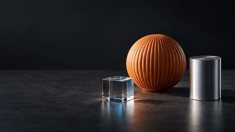 A still life of warm orange textured ceramic, transparent glass, and brushed metal